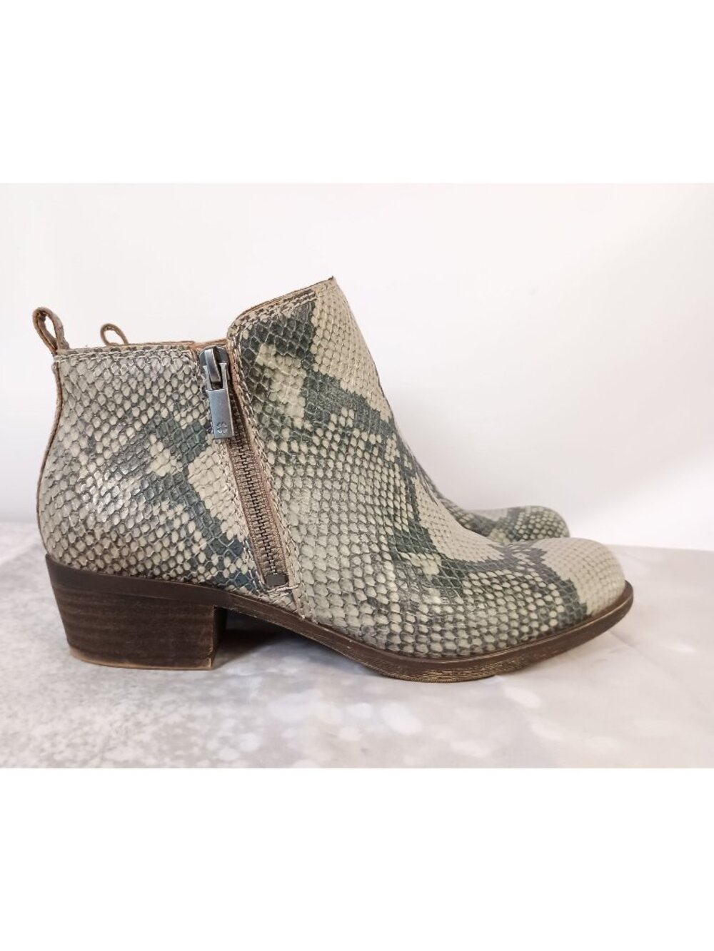 Lucky Brand Basel Ankle Booties Womens 6 Taupe Leather Snakeskin Embossed Zip Bo